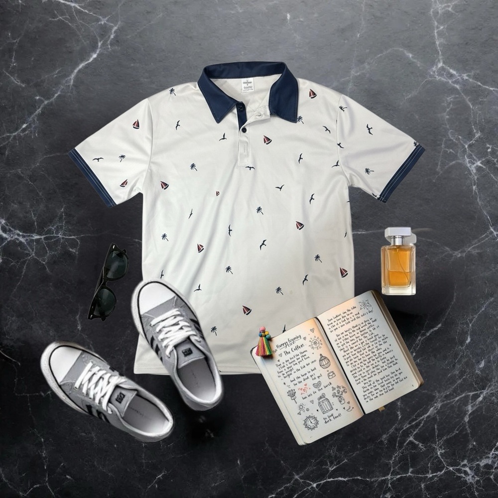 Men's White Polo Shirt with Navy Collar - Casual Printed Golf Style